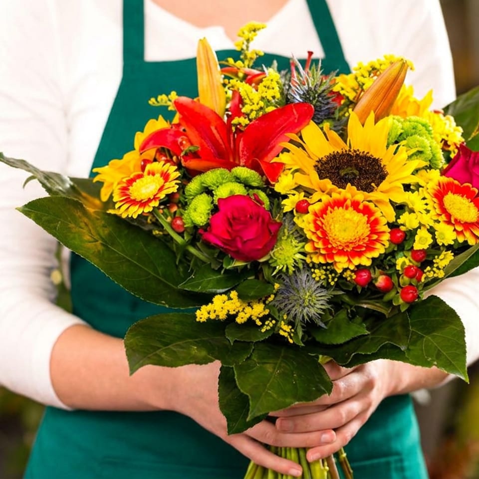 Florist in a teal apron holds a colorful bouquet featuring sunflowers, roses, lilies, chrysanthemums, and greenery.