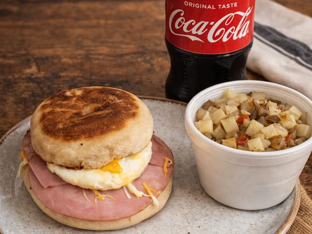 English Muffin Ham, Egg, and Cheese Breakfast Sandwich Combo.